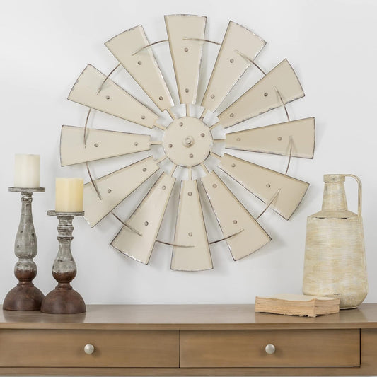 Farmhouse Galvanized Metal Windmill Wall Sculpture Rustic Art Home Decor, 28 Inch, Beige