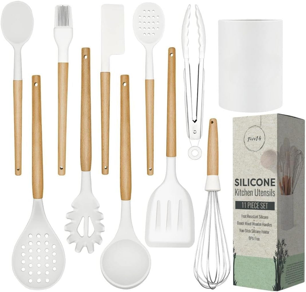 White Silicone Kitchen Utensils Set - Silicone Kitchen Utensils Set with Holder