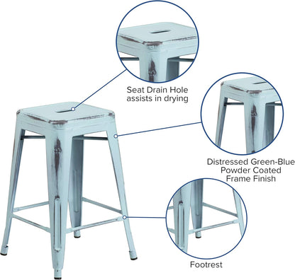 Commercial Grade 24" High Backless Distressed Green-Blue Metal Indoor-Outdoor Counter Height Stool