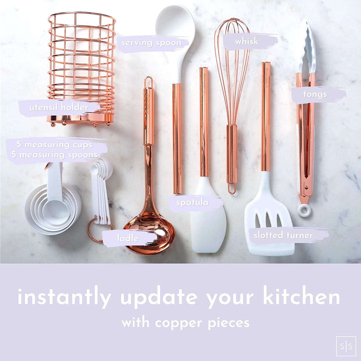 White Silicone & Copper Kitchen Utensils Set with Holder