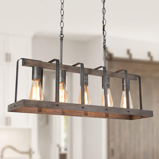 Farmhouse Chandelier, Dark Faux Wood Rustic Chandeliers for Dining Room