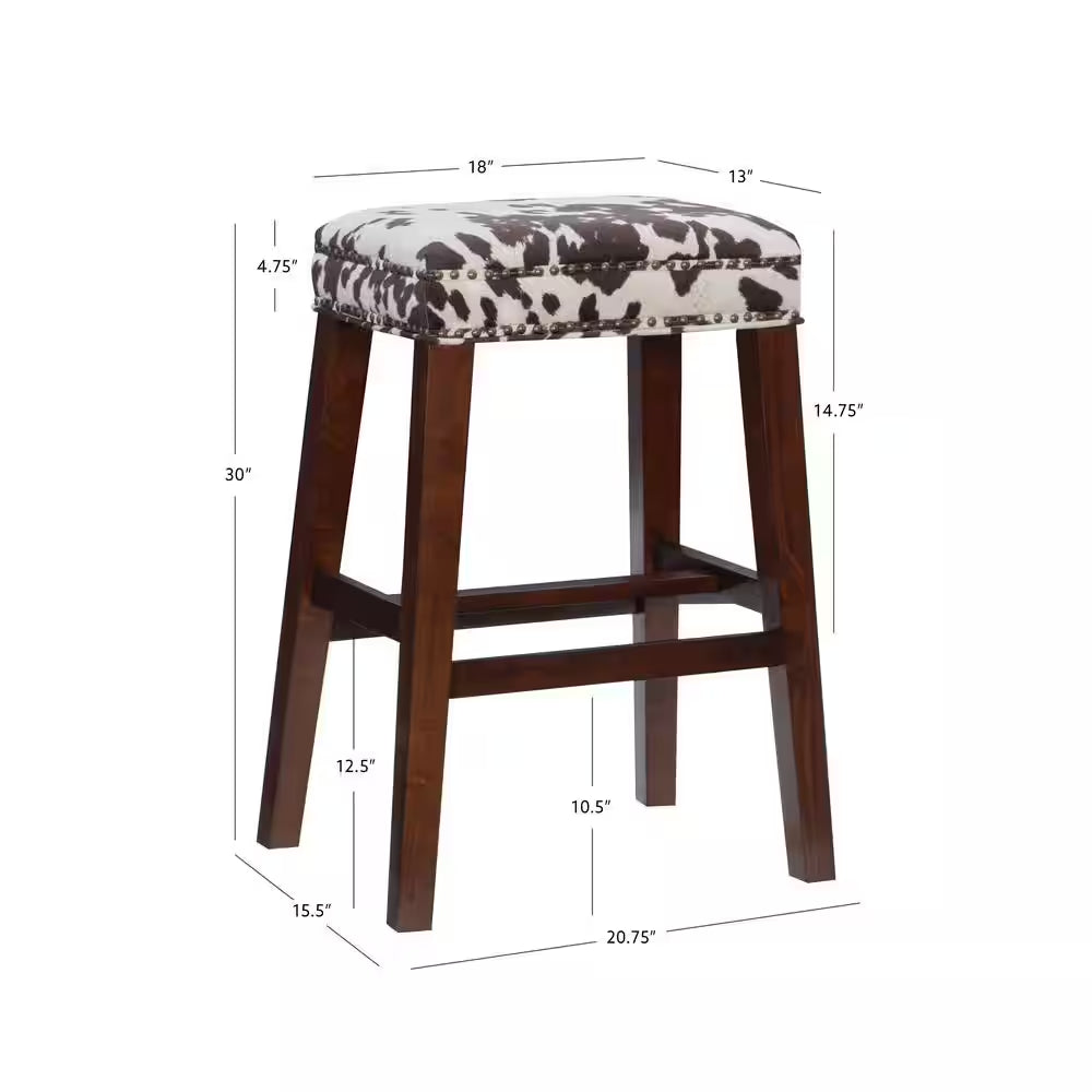 Benjamin 30 In. Brown Backless Wood Bar Stool with Cow Printed Polyester Seat