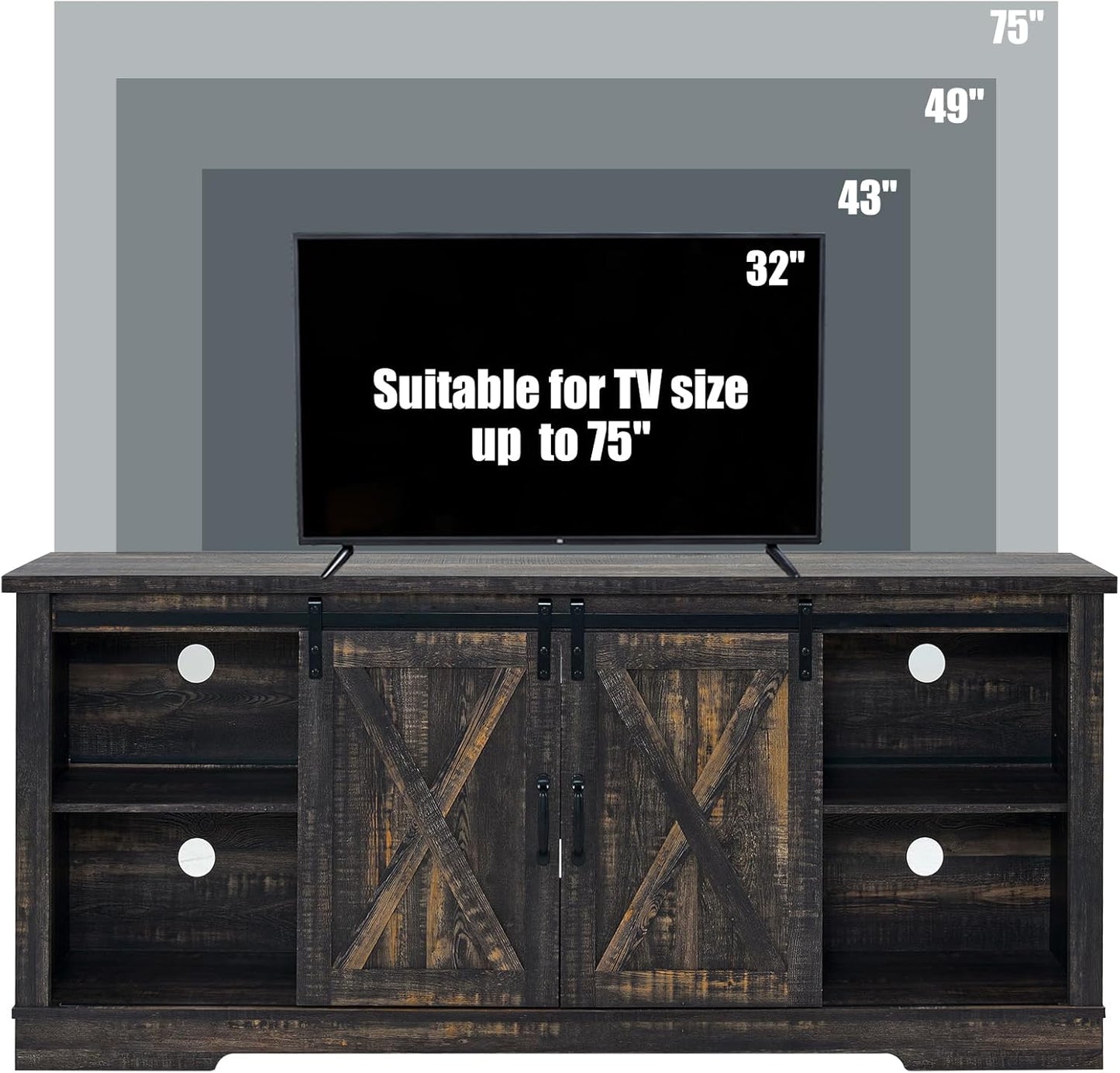 66" Farmhouse TV Stand for 75 Inches Tvs, Entertainment Center with Sliding Barn Door and Adjustable Shelf