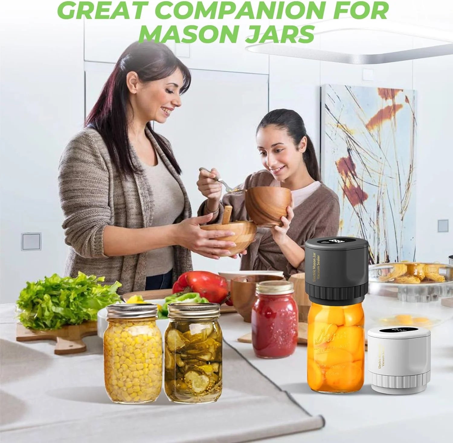 Mason Jar Vacuum Sealer Kit: Electric Jars Vacuum Sealer with Canning Attachment - Handheld Vacuum Sealing Containers - Fits Wide & Regular Mouth Mason Lids - Compatible with Food Saver Storage