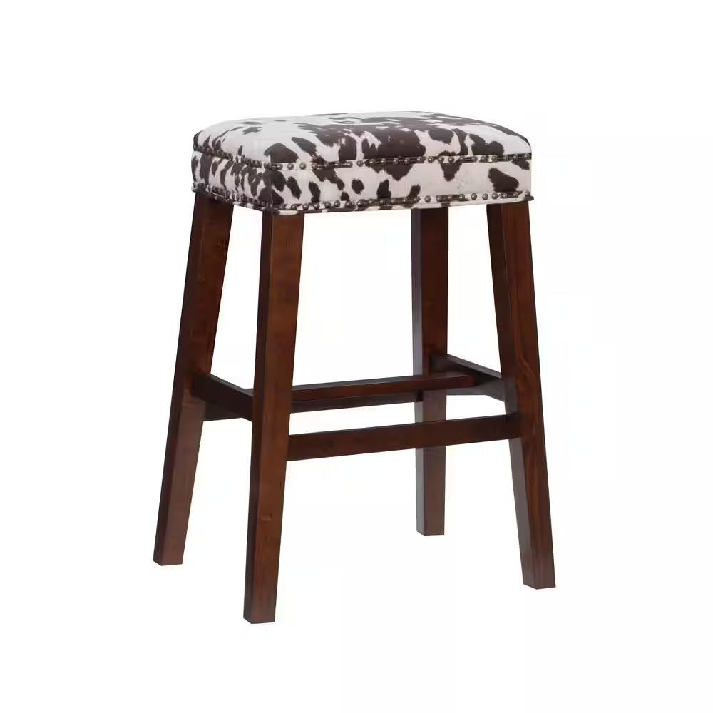 Benjamin 30 In. Brown Backless Wood Bar Stool with Cow Printed Polyester Seat