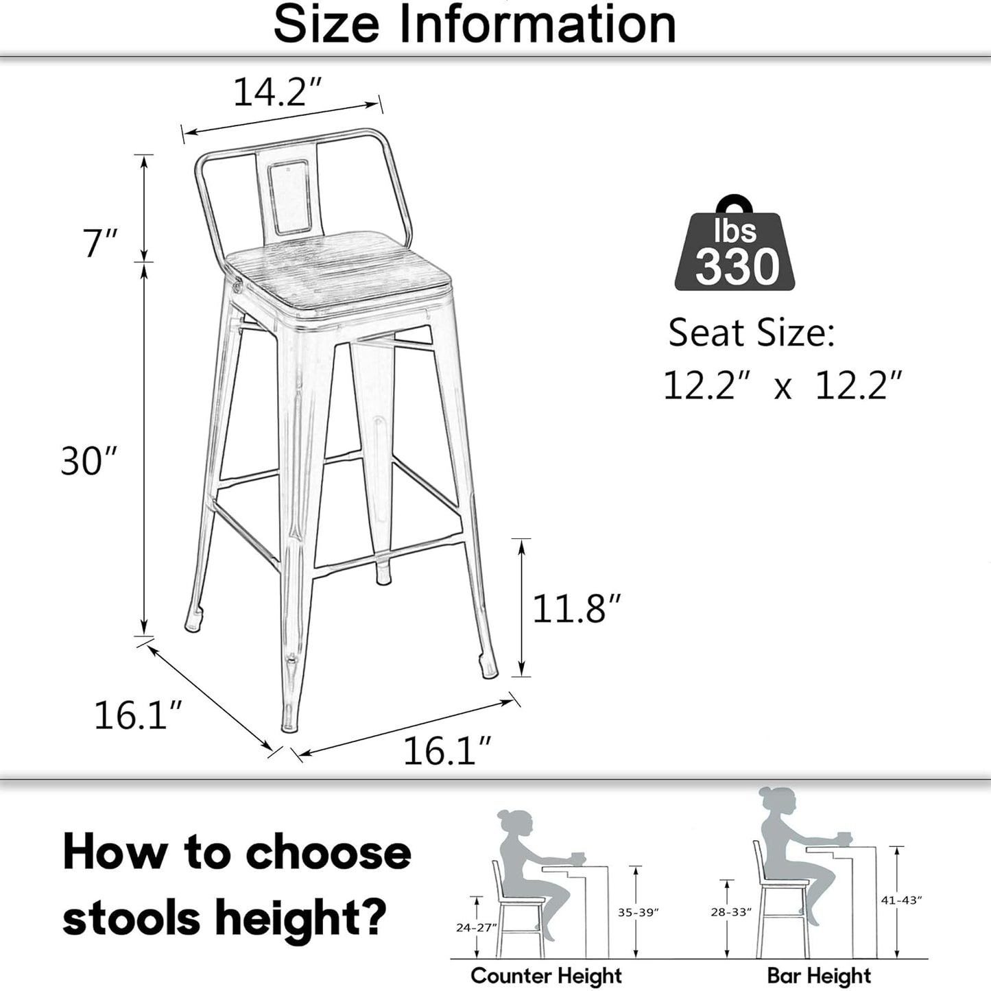 30 Inch Metal Bar Stools Set of 4 Low Back Counter Height Barstools with Wooden Seat 