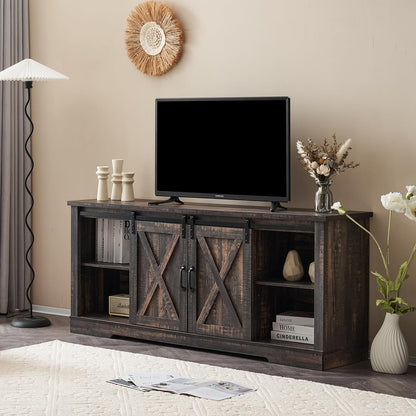 66" Farmhouse TV Stand for 75 Inches Tvs, Entertainment Center with Sliding Barn Door and Adjustable Shelf