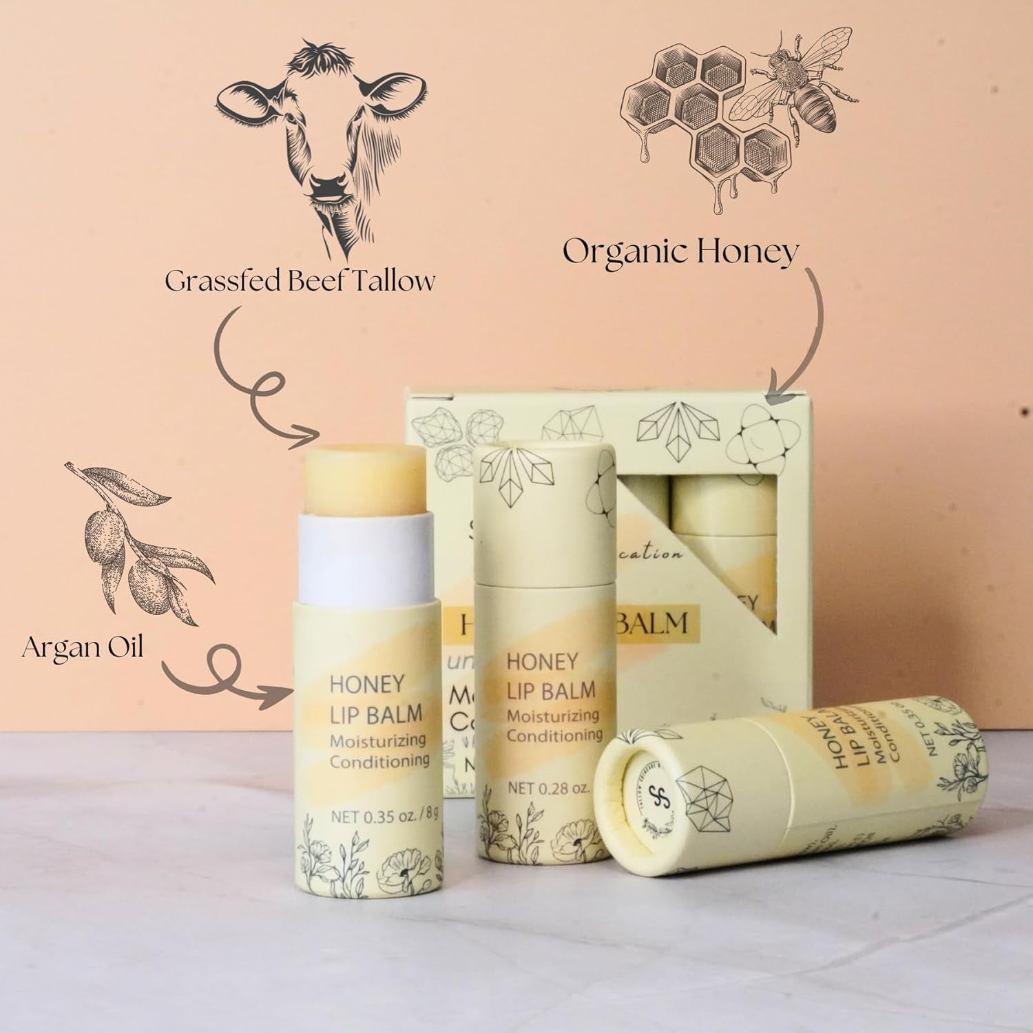 Natural Honey Lip Balm - 100%-Grassfed Beef Tallow Chapstick, Organic Raw Honey & Argan Oil