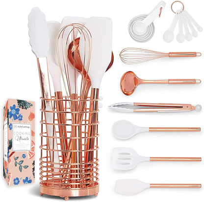 White Silicone & Copper Kitchen Utensils Set with Holder