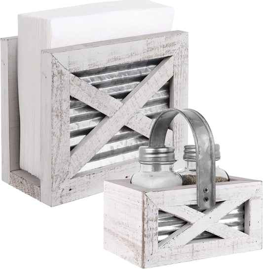 Farmhouse Napkin Holder and Farmhouse Salt and Pepper Shakers Set with Wood Holder