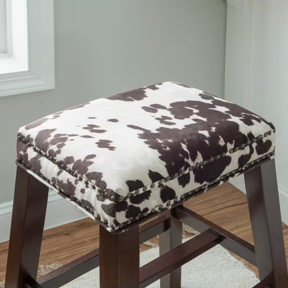 Benjamin 30 In. Brown Backless Wood Bar Stool with Cow Printed Polyester Seat