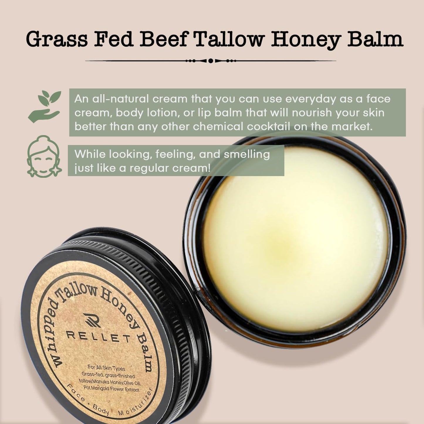 Beef Tallow and Honey Balm for Skin Face Body Moisturizer 2Oz - Organic Unscented Fast Absorption Tallow Cream