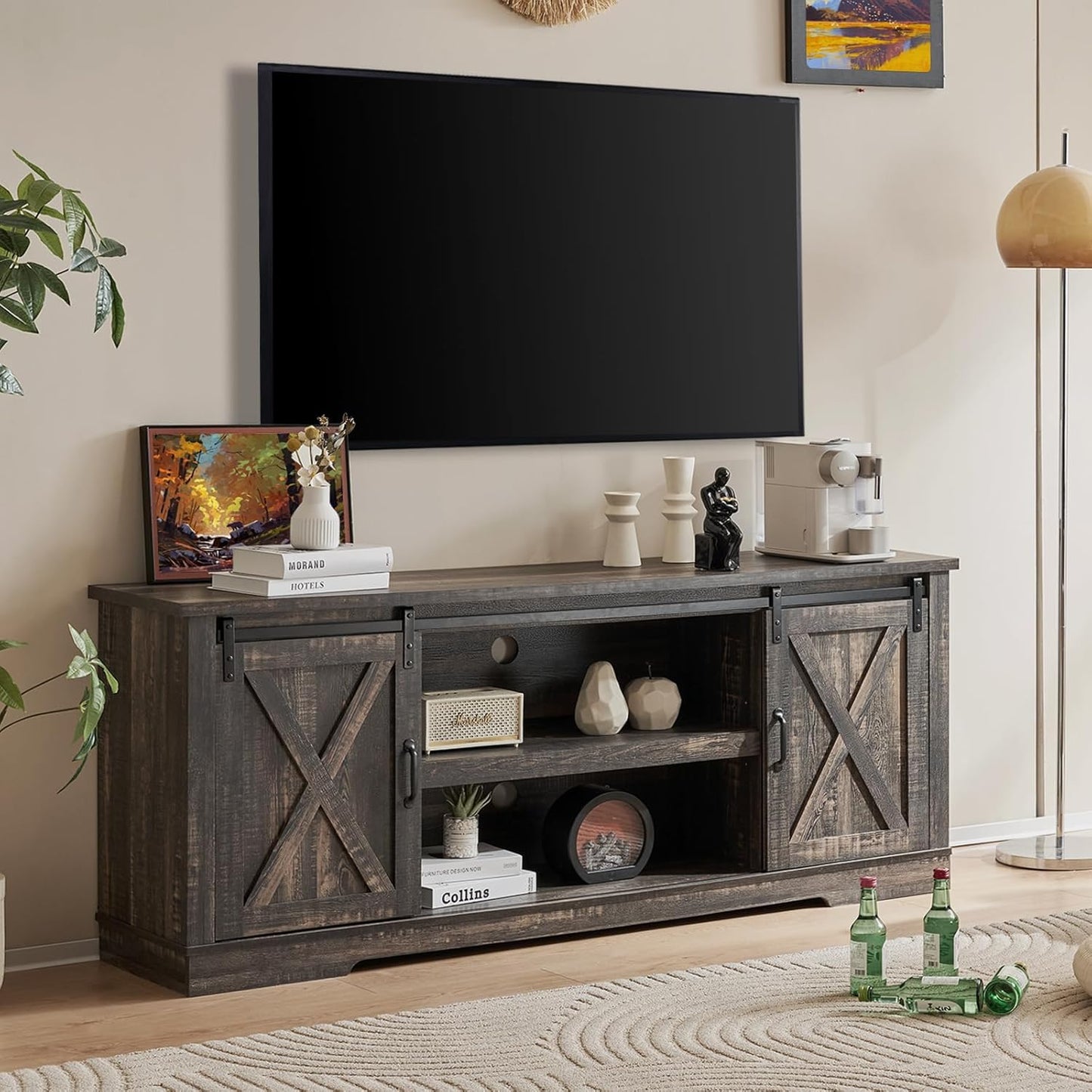 66" Farmhouse TV Stand for 75 Inches Tvs, Entertainment Center with Sliding Barn Door and Adjustable Shelf