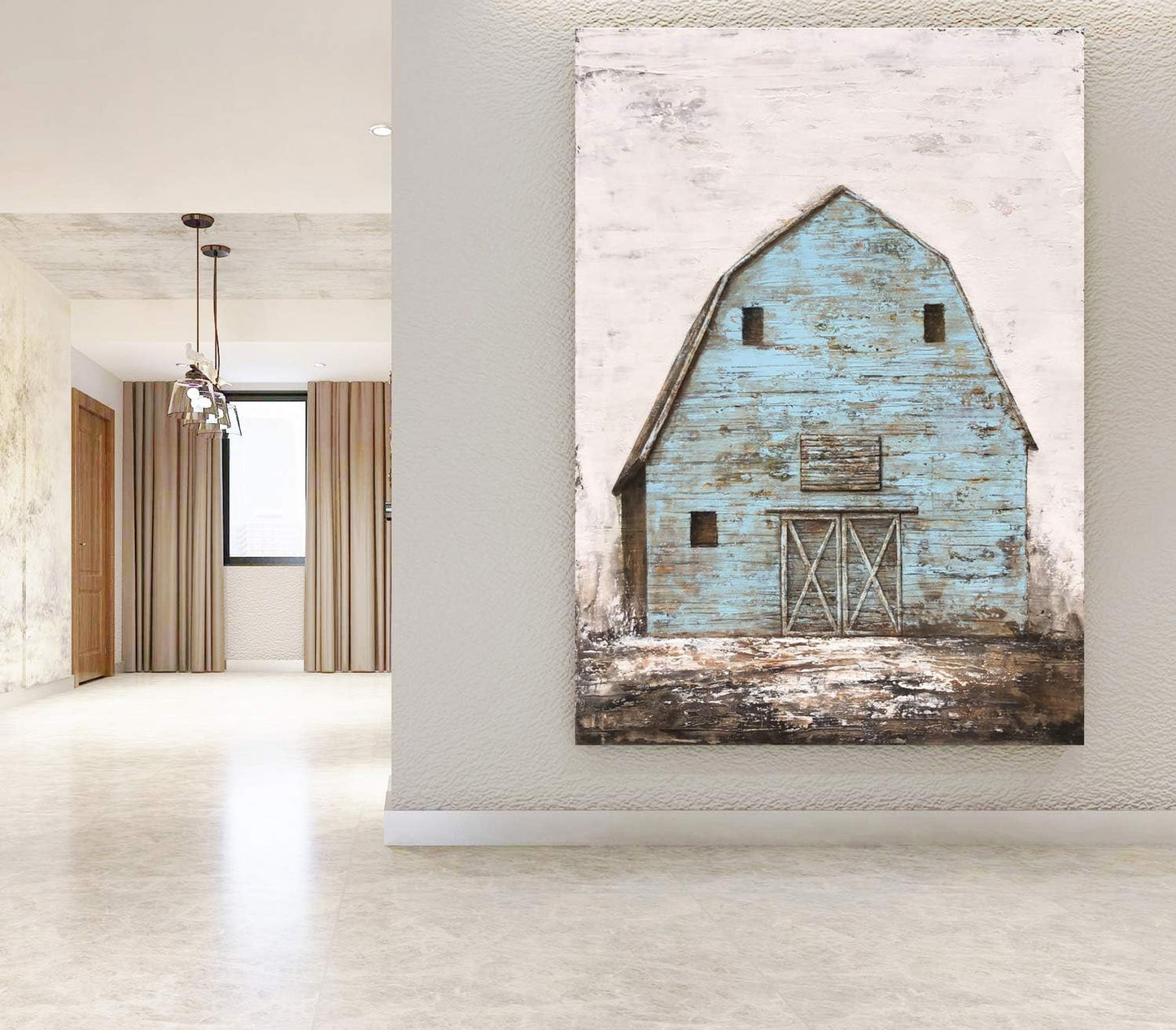 Modern Abstract Farmhouse Wall Art Hand Painted Teal and Blue Barn Painting