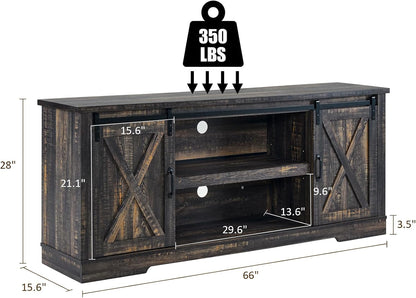 66" Farmhouse TV Stand for 75 Inches Tvs, Entertainment Center with Sliding Barn Door and Adjustable Shelf