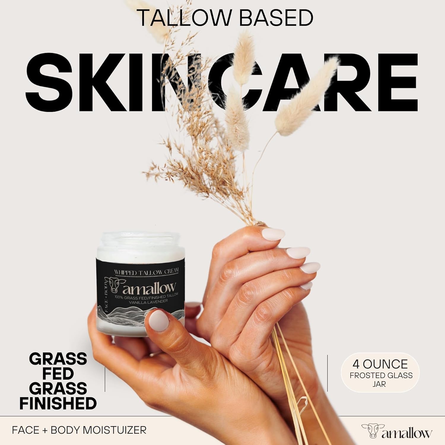 100% Grass Fed Beef Tallow for Skin Care - Face + Body - Whipped Moisturizer - Natural Lotion, 4 FL. Oz. (Vanilla Lavender)