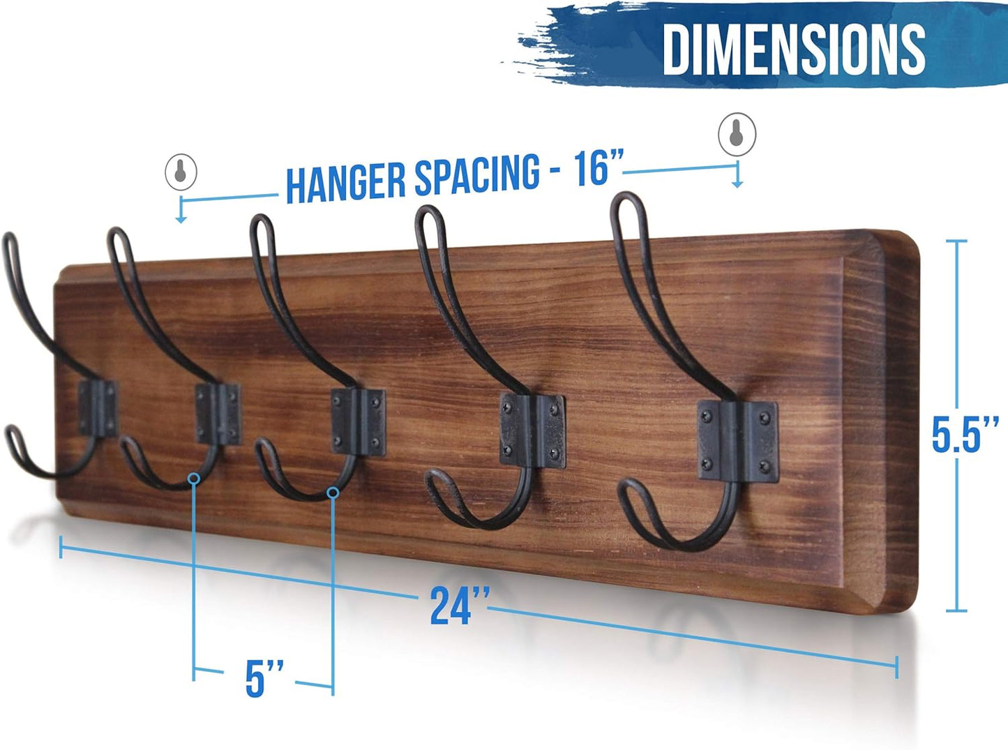 Dark Wash Brown Rustic Coat Rack Wall Mount with 5 Hooks, Solid Pine Wood 24 Inch Wall Hooks