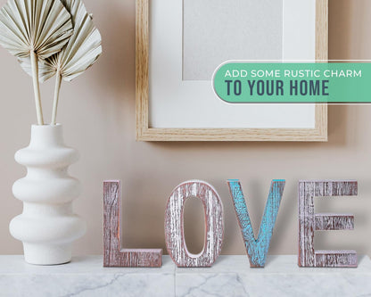 “LOVE” Decorative Wooden Letters – Large Wood Letters for Wall Décor in Rustic Blue, White and Grey