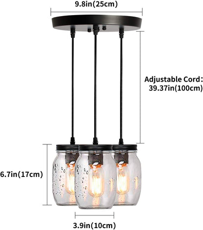 Glass Mason Jar Light Fixture, 3-Light Adjustable Farmhouse Kitchen Island Pendant Light 