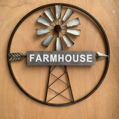 Rustic Farmhouse Windmill Galvanized Metal and Wood Wall Art