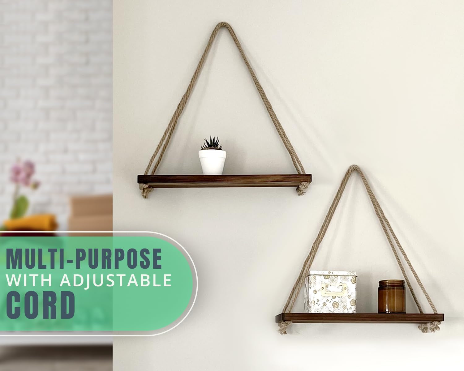 Hanging Shelves for Wall - Set of 2 – Rustic Farmhouse Boho Shelves with String