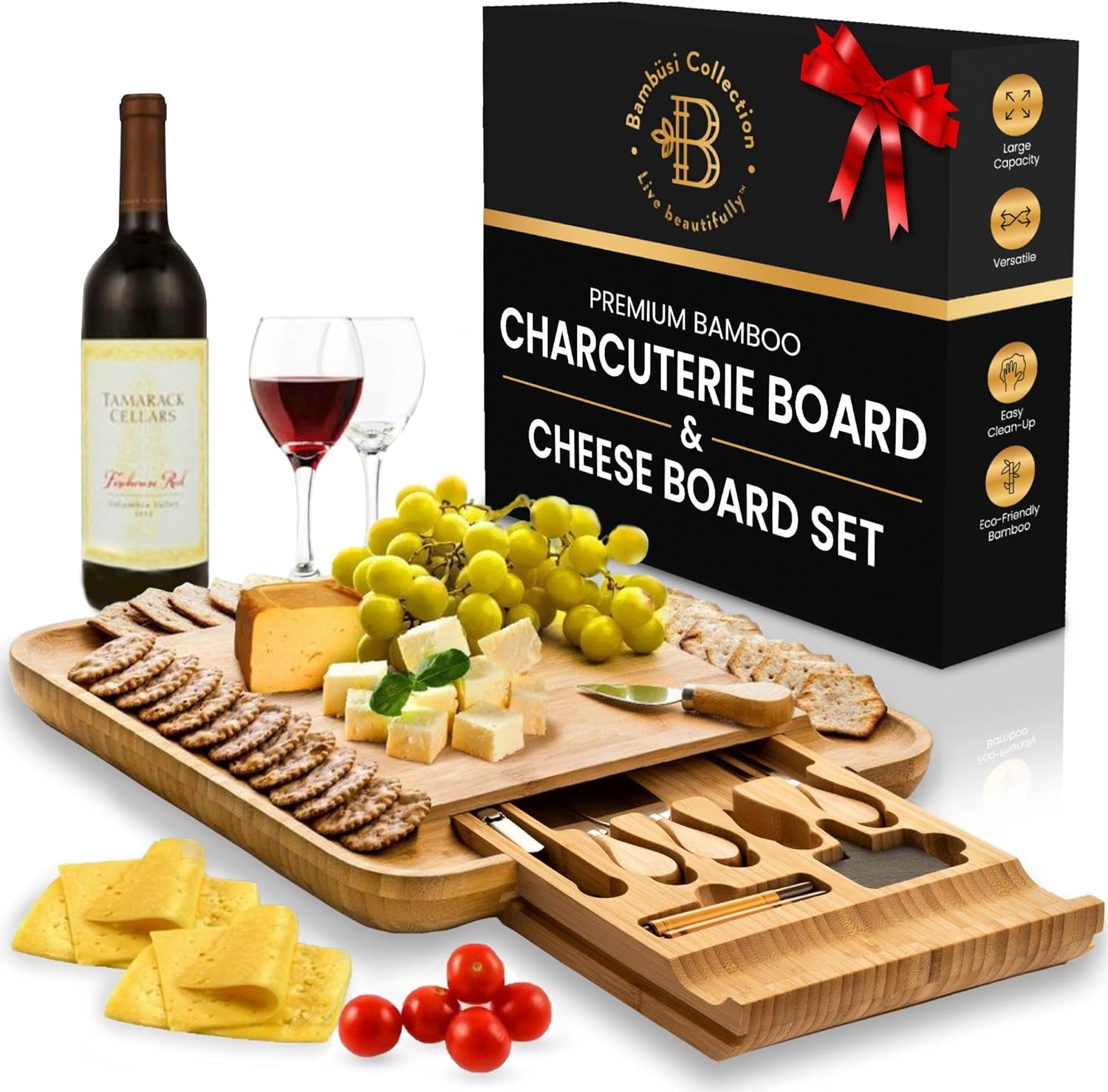 Charcuterie Board - Bamboo Cheese Board and Charcuterie Gift Set with Knife 