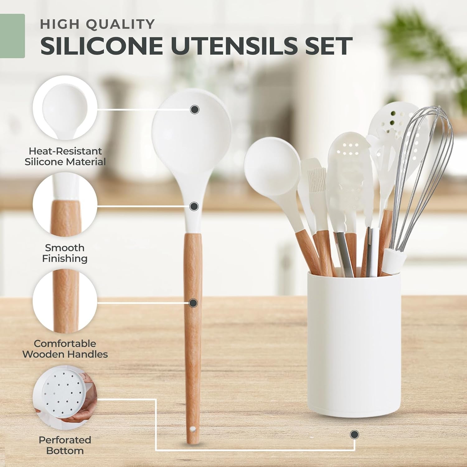 White Silicone Kitchen Utensils Set - Silicone Kitchen Utensils Set with Holder