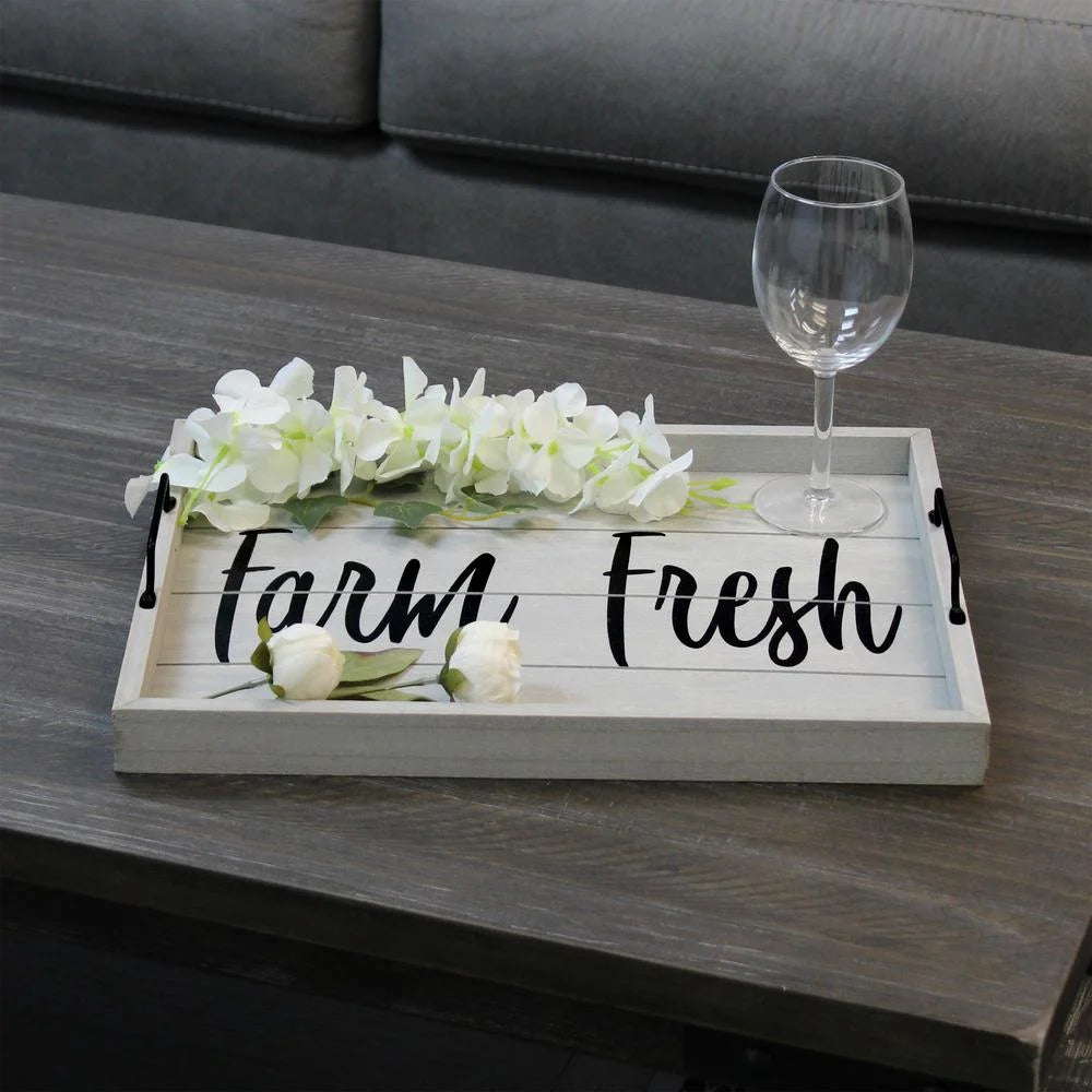 15.5" X 12" Decorative Wood Serving Tray, "Farm Fresh", Gray Wash