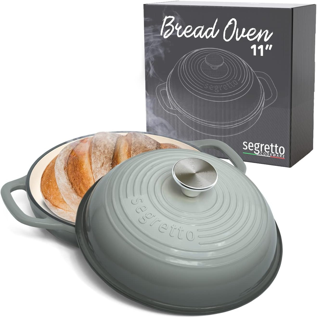 Enameled Cast Iron Bread Pan with Lid, 11” Grigio Scuro (Gray) Bread Oven Cast Iron Sourdough Baking Pan, Dutch Oven for Bread -