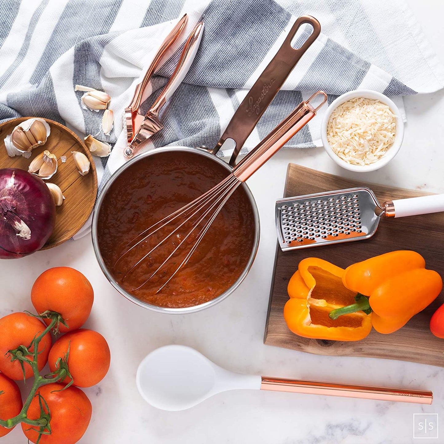 White Silicone & Copper Kitchen Utensils Set with Holder