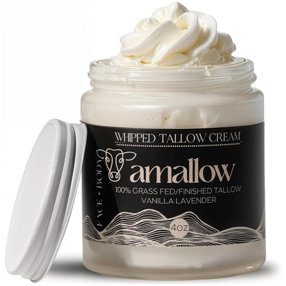 100% Grass Fed Beef Tallow for Skin Care - Face + Body - Whipped Moisturizer - Natural Lotion, 4 FL. Oz. (Vanilla Lavender)