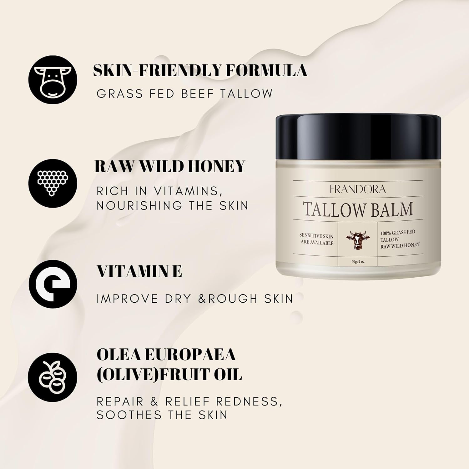 Beef Tallow and Honey Balm for Skin, All-Natural Moisturizer, Hydrating Tallow Balm with Raw Honey and Beeswax, Grass-Fed Beef Tallow & Raw Wild Honey Blend