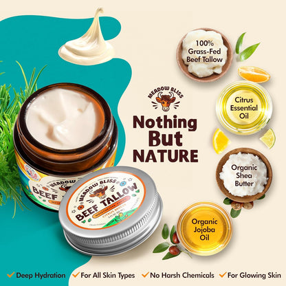 Beef Tallow for Skin - Moisturizer Cream - 100% Grass Fed - Whipped Beef Tallow - Organic Jojoba Oil - Organic Shea Butter 