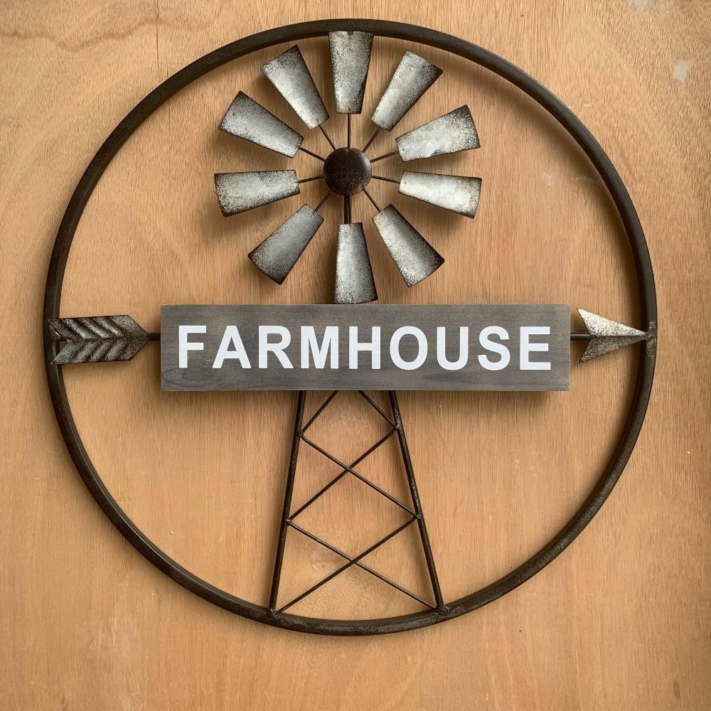 Rustic Farmhouse Windmill Galvanized Metal and Wood Wall Art