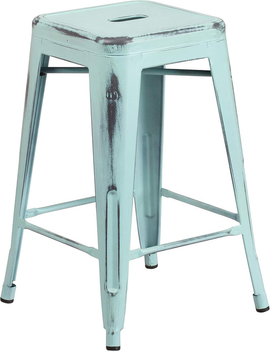 Commercial Grade 24" High Backless Distressed Green-Blue Metal Indoor-Outdoor Counter Height Stool