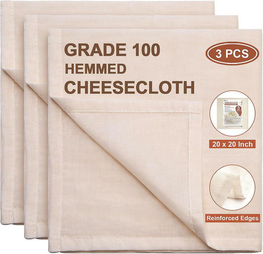 Cheese Cloths, 3PCS Precut 20X20 Inch, Grade 100 Hemmed Cheesecloth 