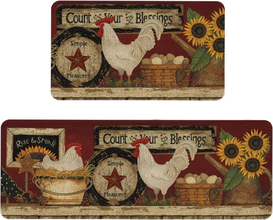 Farmhouse Kitchen Rugs and Mats Set of 2, Farm Rooster Kitchen Mat