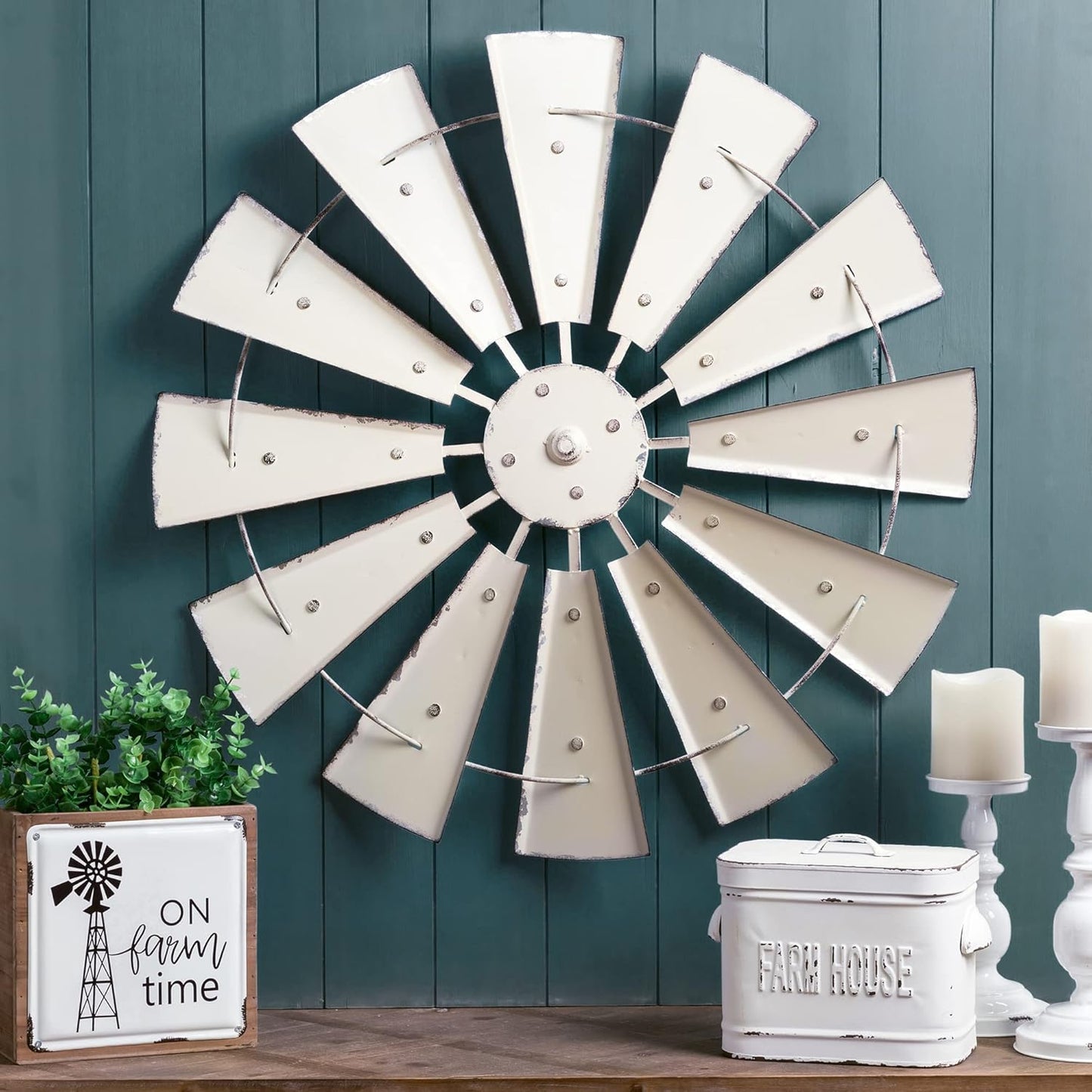 Farmhouse Galvanized Metal Windmill Wall Sculpture Rustic Art Home Decor, 28 Inch, Beige