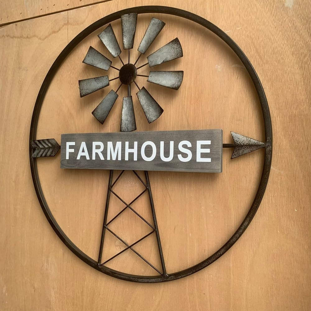 Rustic Farmhouse Windmill Galvanized Metal and Wood Wall Art