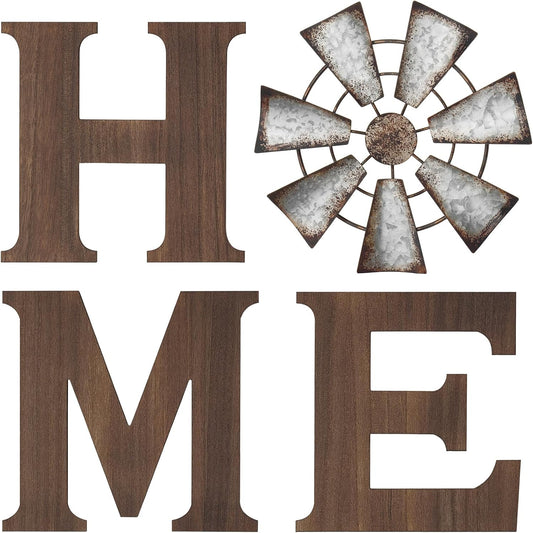 Farmhouse Wall Decor Wooden Home Sign with Metal Windmill 