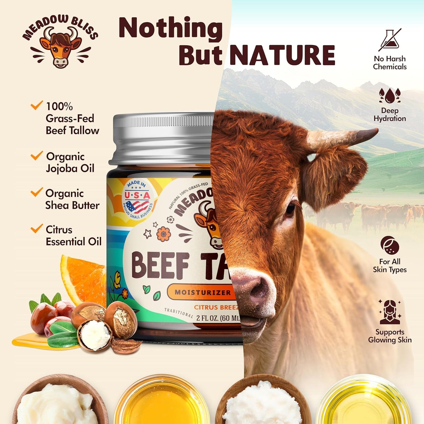 Beef Tallow for Skin - Moisturizer Cream - 100% Grass Fed - Whipped Beef Tallow - Organic Jojoba Oil - Organic Shea Butter 