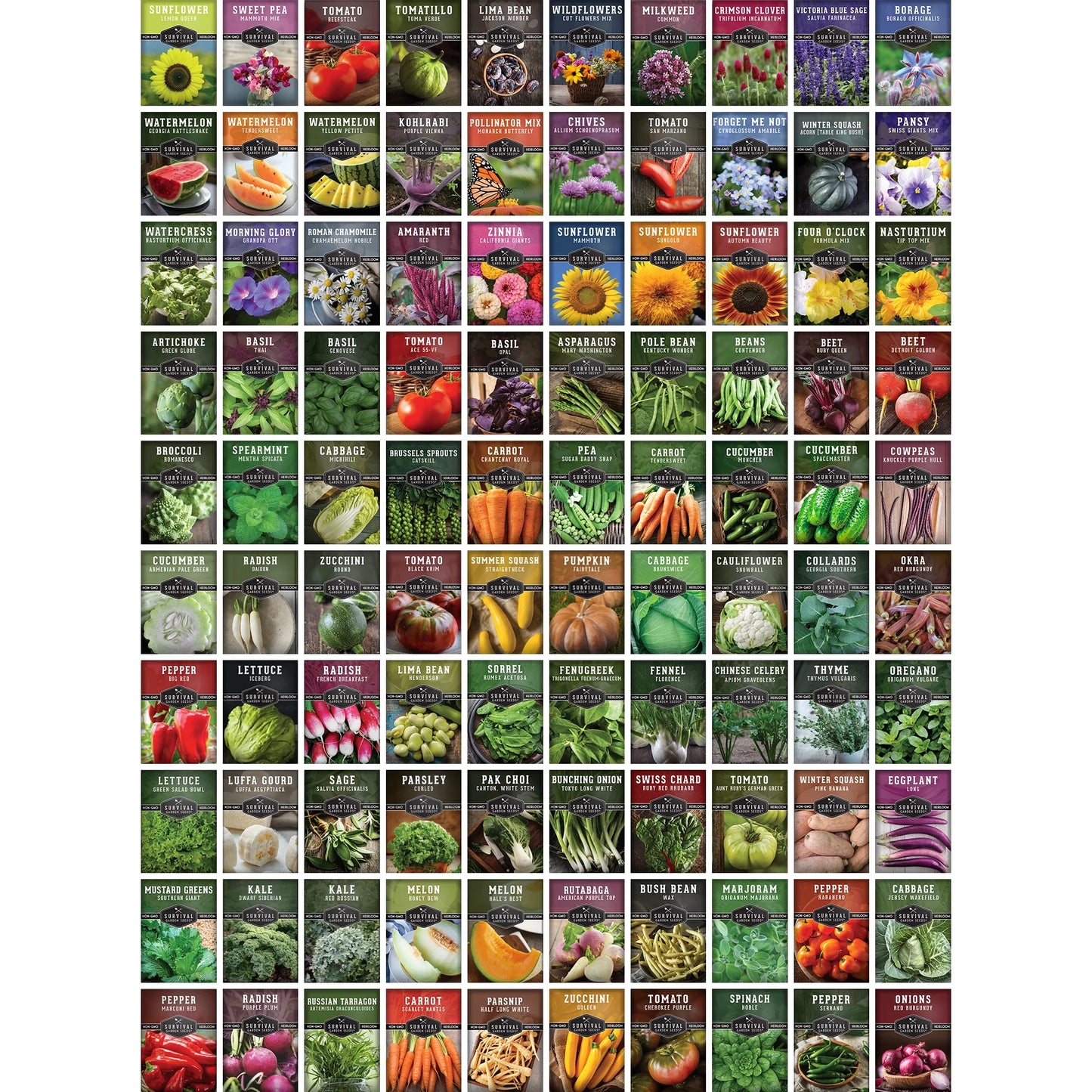 100 Pack Farmer Collection Vegetable Seeds - Non GMO Heirloom Full Sun Varieties - Emergency Seed Bank Survival Gear