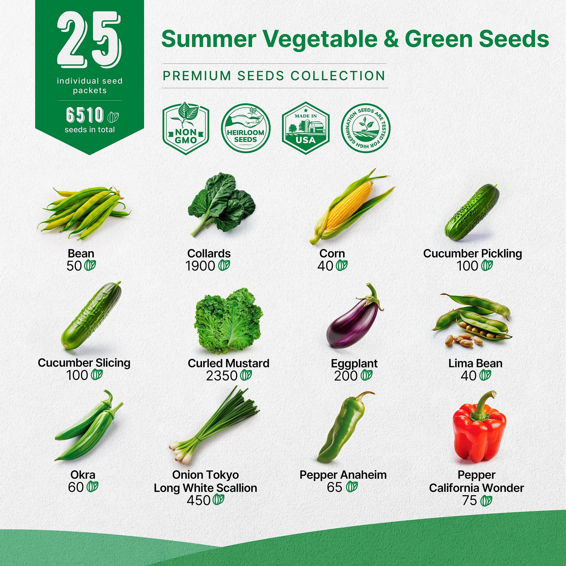 - 25 Summer Vegetable & Greens Seeds Varieties - 6,510+ Non GMO Heirloom Garden Seeds