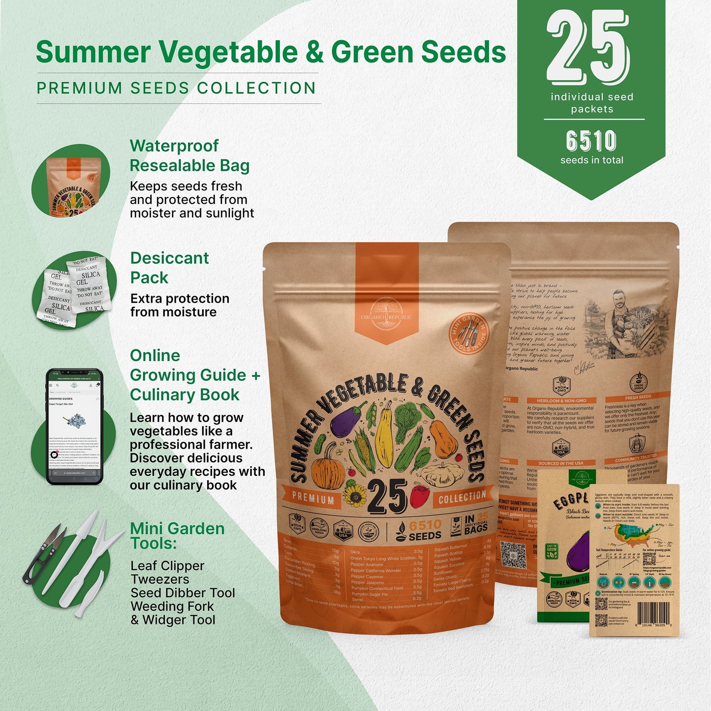 - 25 Summer Vegetable & Greens Seeds Varieties - 6,510+ Non GMO Heirloom Garden Seeds