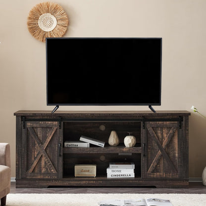 66" Farmhouse TV Stand for 75 Inches Tvs, Entertainment Center with Sliding Barn Door and Adjustable Shelf