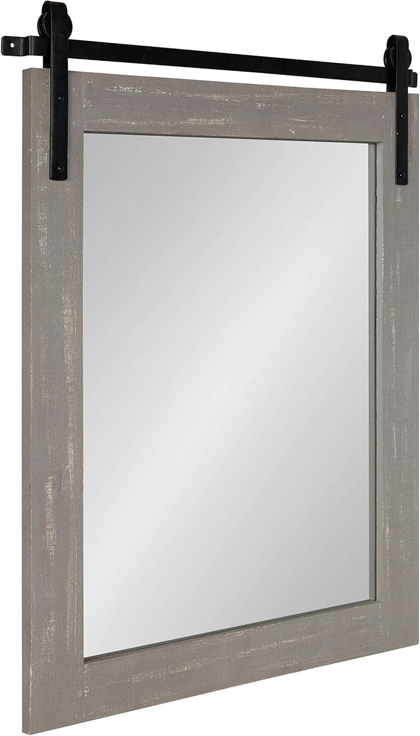 Cates Rustic Wall Mirror, 22" X 30" Rustic Gray, Farmhouse Barn Door-Inspired Wall Decor