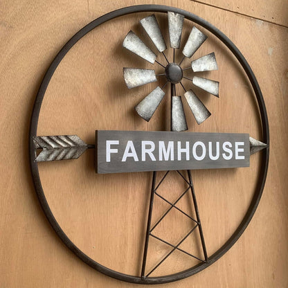 Rustic Farmhouse Windmill Galvanized Metal and Wood Wall Art