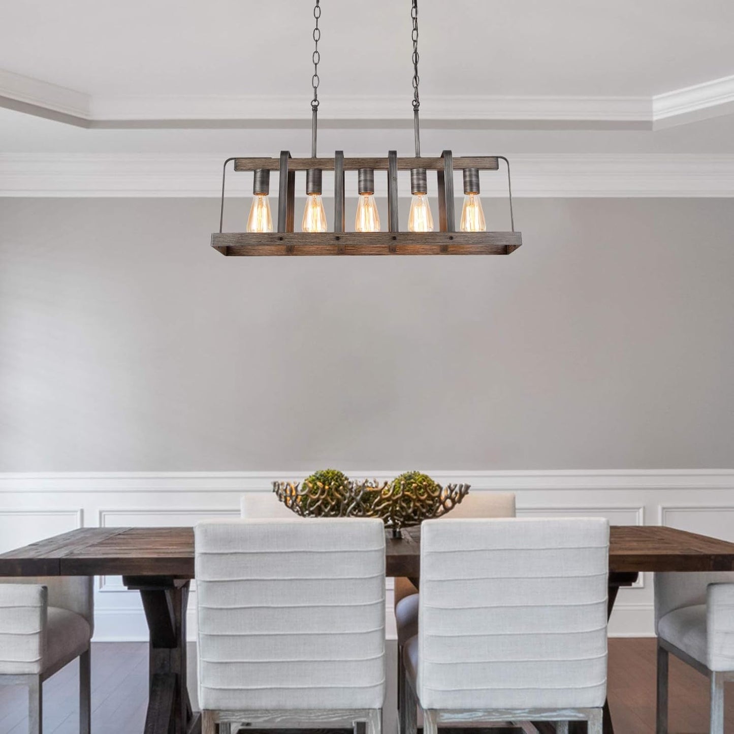 Farmhouse Chandelier, Dark Faux Wood Rustic Chandeliers for Dining Room