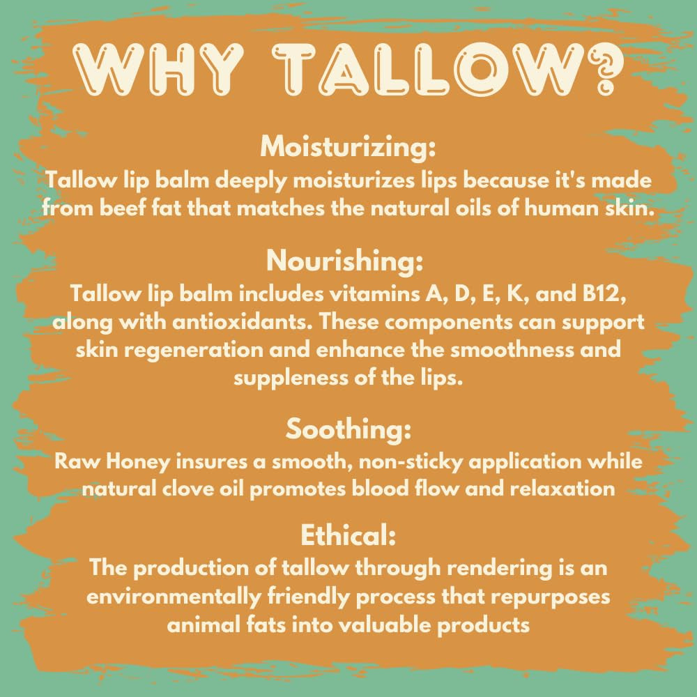 Tallow Lip Balm with Grass-Fed and Finished Tallow, Organic Beeswax, Raw Organic Honey and Natural Clove Oil