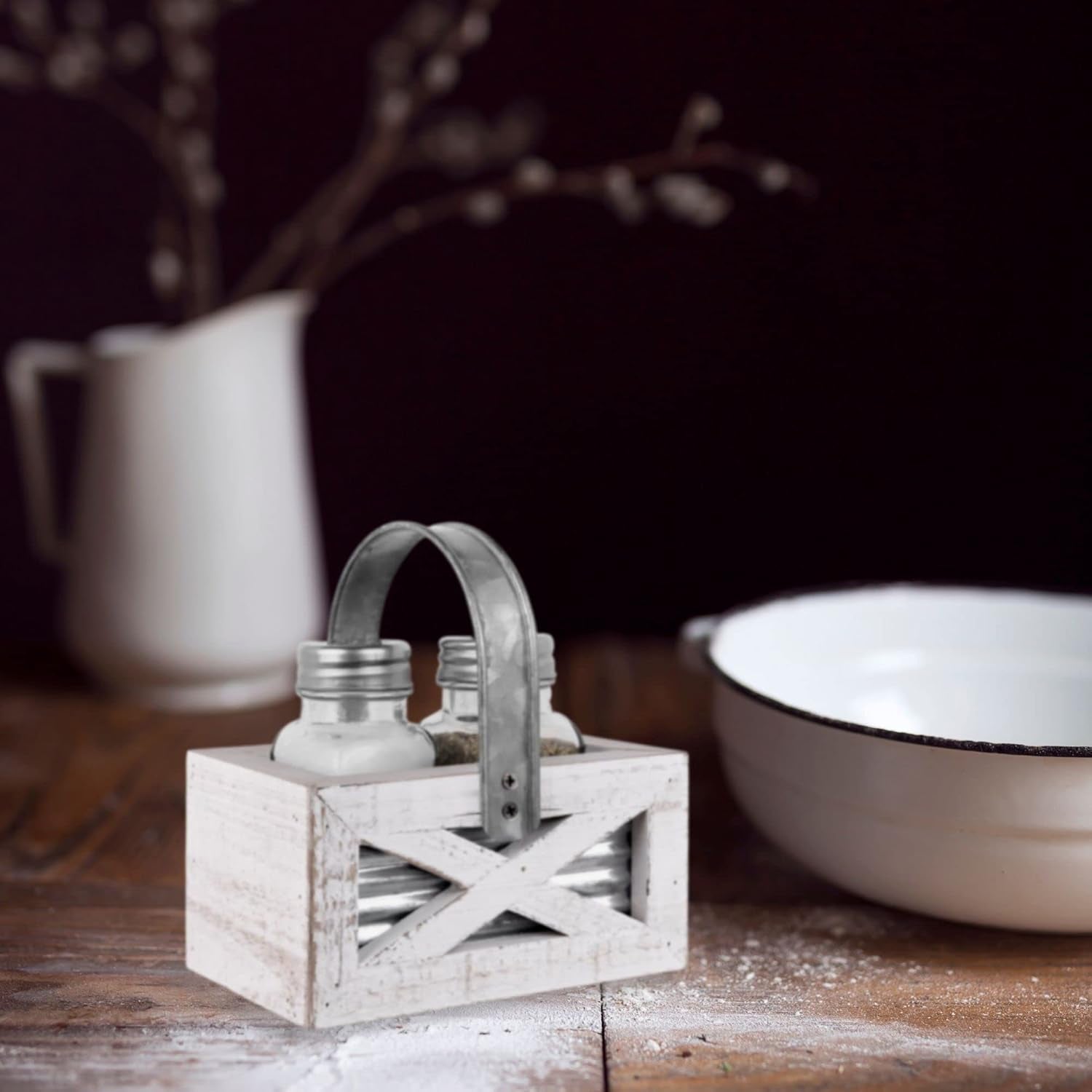 Farmhouse Napkin Holder and Farmhouse Salt and Pepper Shakers Set with Wood Holder